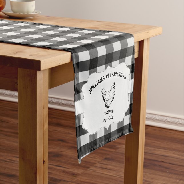 Black Buffalo Plaid Farm Chicken Short Table Runner (In Situ)