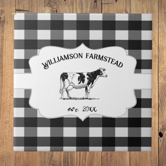 Black Buffalo Plaid Farm Cow Decorative Ceramic Tile (Black Buffalo Plaid Farm Cow Decorative Ceramic Tile)