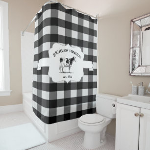 Black Buffalo Plaid Farm Cow Shower Curtain
