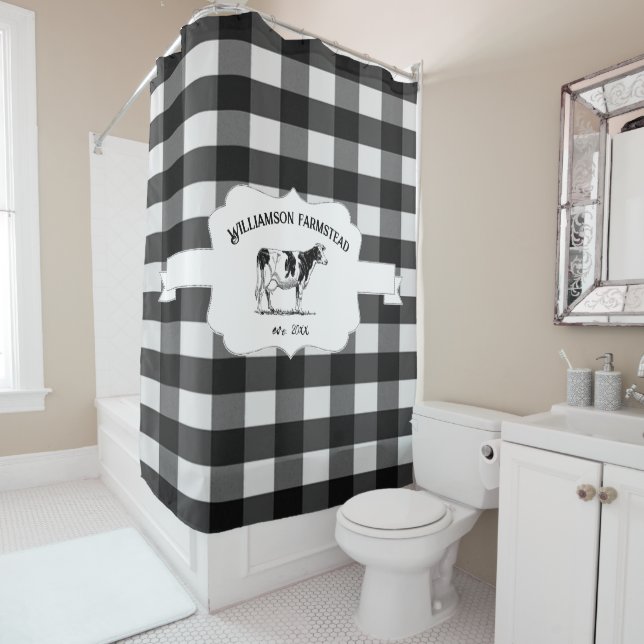 Black Buffalo Plaid Farm Cow Shower Curtain (In Situ)