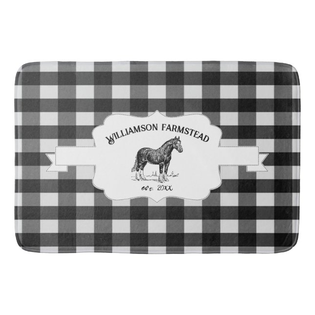 Black Buffalo Plaid Farm Horse Bath Mat (Front)