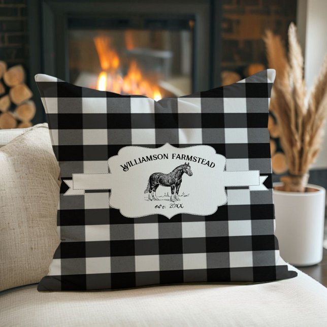 Black Buffalo Plaid Farm Horse Cushion (Black Buffalo Plaid Farm Horse Throw Pillow)