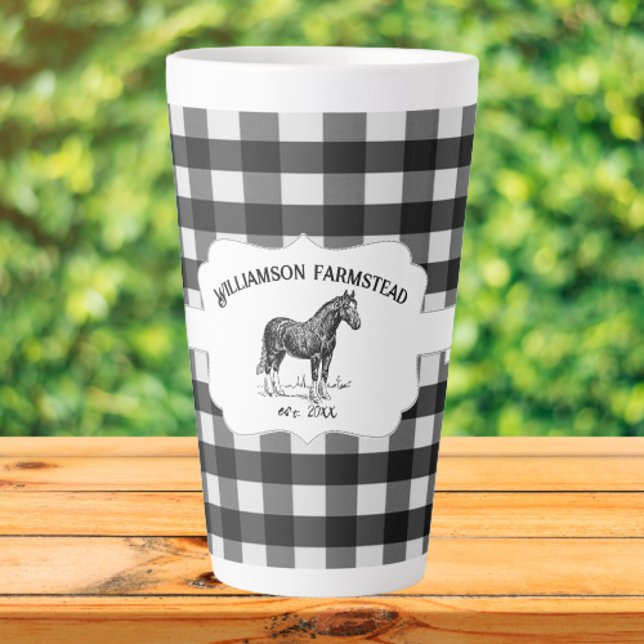 Black Buffalo Plaid Farm Horse Latte Mug (Black Buffalo Plaid Farm Horse Personalized Latte Mug)