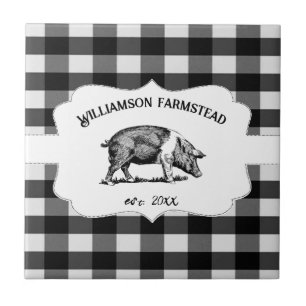 Black Buffalo Plaid Farm Pig Decorative Ceramic Tile