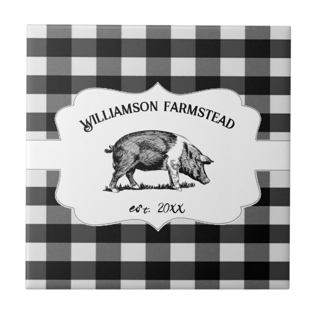 Black Buffalo Plaid Farm Pig Decorative Ceramic Tile (Front)