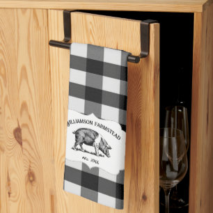 Black Buffalo Plaid Farm Pig Kitchen Towel