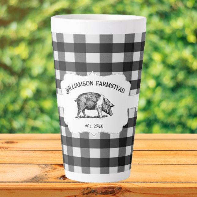 Black Buffalo Plaid Farm Pig Latte Mug (Black Buffalo Plaid Farm Pig Personalized Latte Mug)
