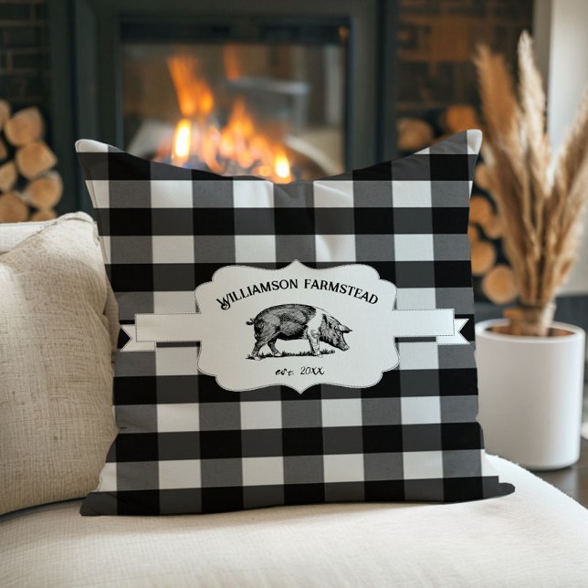 Black Buffalo Plaid Farm Pig Throw Pillow (Black Buffalo Plaid Farm Pig Throw Pillow)