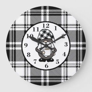 Black Buffalo Plaid Gnome Large Clock