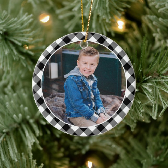 Black Buffalo Plaid Holiday Photo Personalised Ceramic Ornament (Tree)