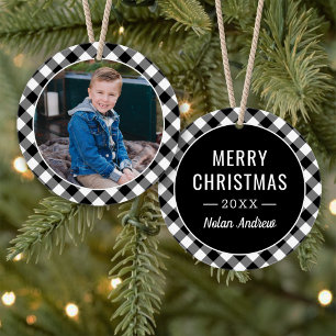 Black Buffalo Plaid Holiday Photo Personalized Ornament