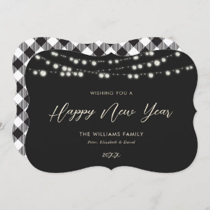 Black Buffalo Plaid Lights Happy New Year Cards