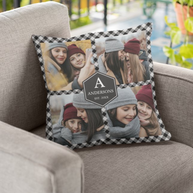Black Buffalo Plaid Lumberjack Photo Collage Cushion (Creator Uploaded)