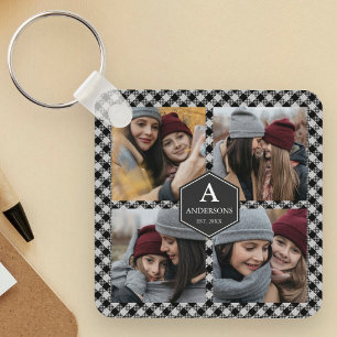 Black Buffalo Plaid Lumberjack Photo Collage Key Ring