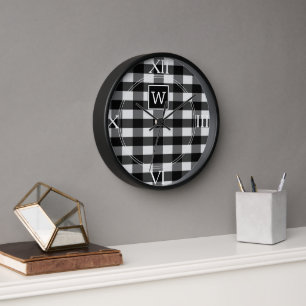 Black Buffalo Plaid Monogram Clock