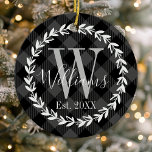 Black Buffalo Plaid Monogram Wreath Christmas Ceramic Ornament<br><div class="desc">This cute rustic farmhouse design features a Buffalo Plaid pattern with a Monogram Wreath. A trendy Family Christmas Ceramic Ornament keepsake for the holidays. Personalise this custom design with your own family name or text.</div>