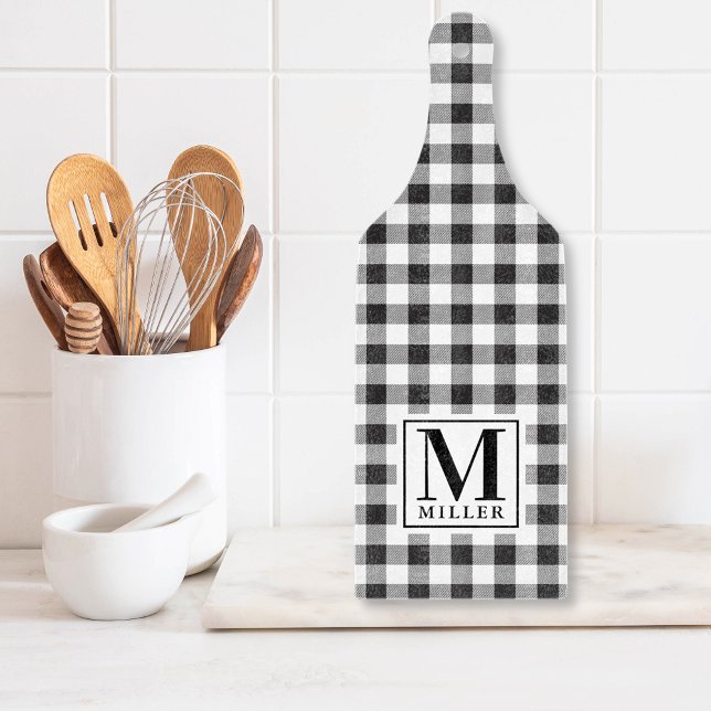 Black Buffalo Plaid Monogrammed Paddle Glass Cutting Board (Creator Uploaded)