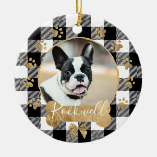 Black Buffalo Plaid Pattern Gold Bow Family Photo Ceramic Ornament