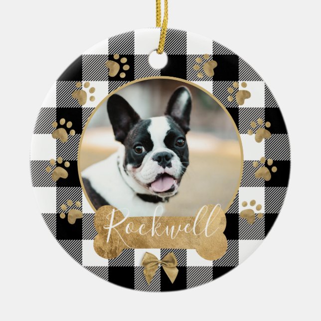 Black Buffalo Plaid Pattern Gold Bow Family Photo Ceramic Ornament (Front)