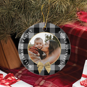 Black Buffalo Plaid Pattern Gold Bow Family Photo Ceramic Ornament