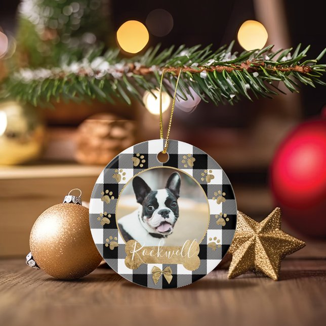 Black Buffalo Plaid Pattern Gold Bow Family Photo Ceramic Ornament (Black Buffalo Plaid Pattern Gold Bow Family Photo Ceramic Ornament)