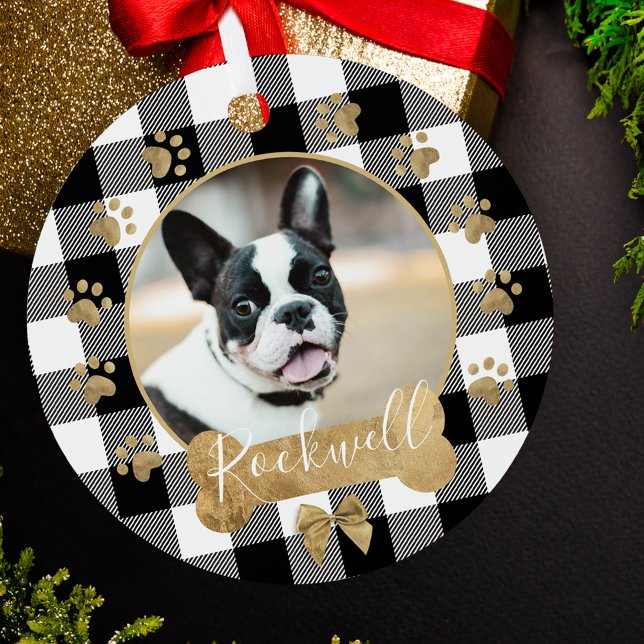 Black Buffalo Plaid Pattern Gold Bow Family Photo  Metal Tree Decoration (Black Buffalo Plaid Pattern Gold Bow Family Photo Metal Ornament)