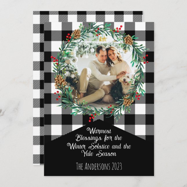 Black Buffalo Plaid Photo Wreath Yule Solstice Holiday Card (Front/Back)