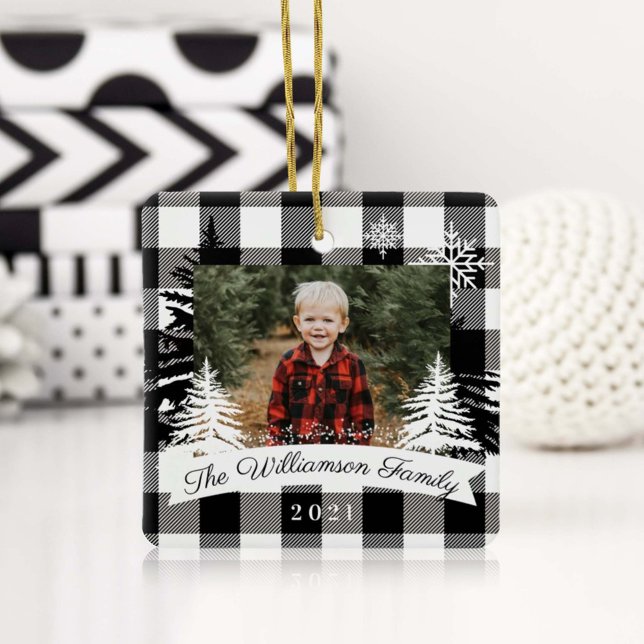  Black Buffalo Plaid Rustic Pine Tree Family Photo Ceramic Ornament (Creator Uploaded)
