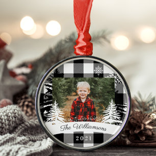 Black Buffalo Plaid Rustic Pine Tree Family Photo Metal Ornament