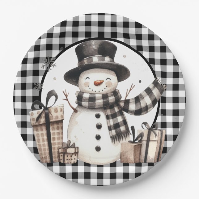 Black Buffalo Plaid Snowman Paper Plate (Front)