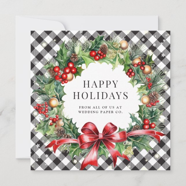 Black Buffalo Plaid Stars Holly Berries Business Holiday Card (Front)