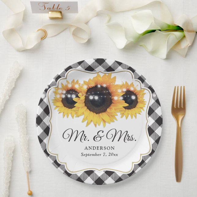 Black Buffalo Plaid Sunflower Mr and Mrs Wedding Paper Plate (Wedding)