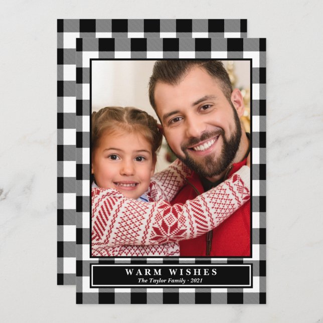 Black Buffalo Plaid Warm Wishes Vertical Photo Holiday Card (Front/Back)