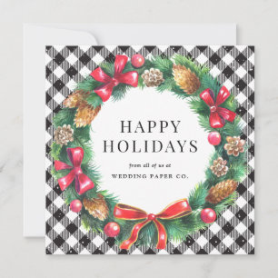 Black Buffalo Plaid Watercolor Wreath Business Holiday Card