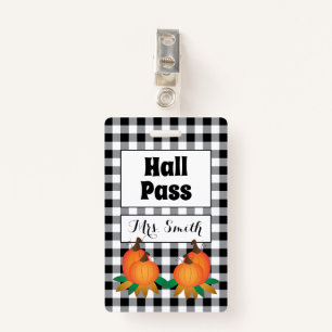 Black Buffalo Plaid with Pumpkins Hall Pass Badge ID Badge