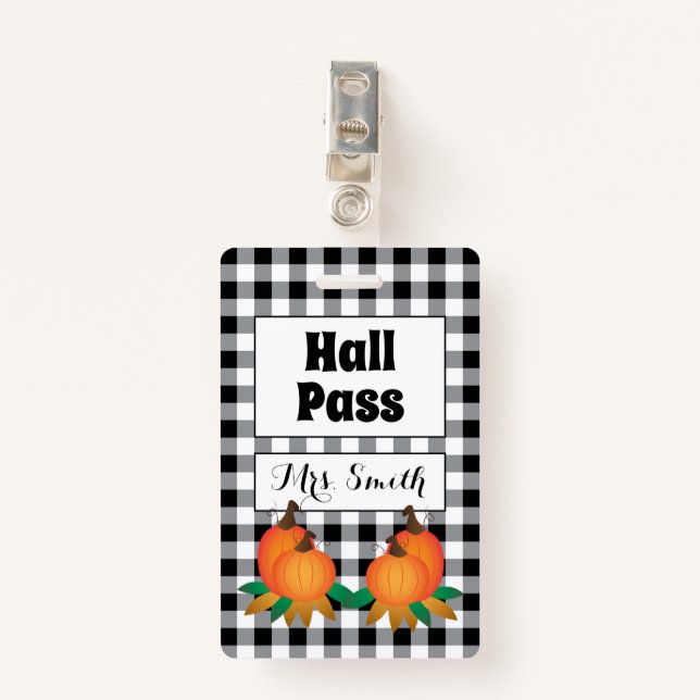 Black Buffalo Plaid with Pumpkins Hall Pass Badge ID Badge (Front with Clip)