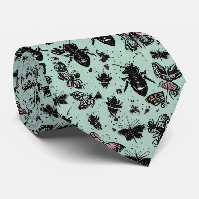 Black Bugs And Insects On A Minty Green Background Tie (Rolled)