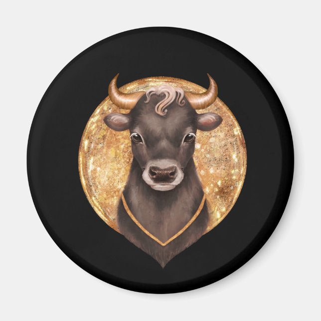 Black bull on gold, cute bull 2021, year of the ox magnet (Front)