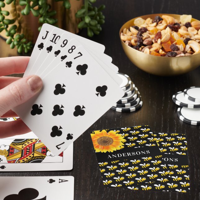 Black bumble bees sunflower family name playing cards (In Situ)