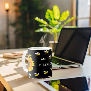 Black bumble bees yellow sunflowers name coffee mug