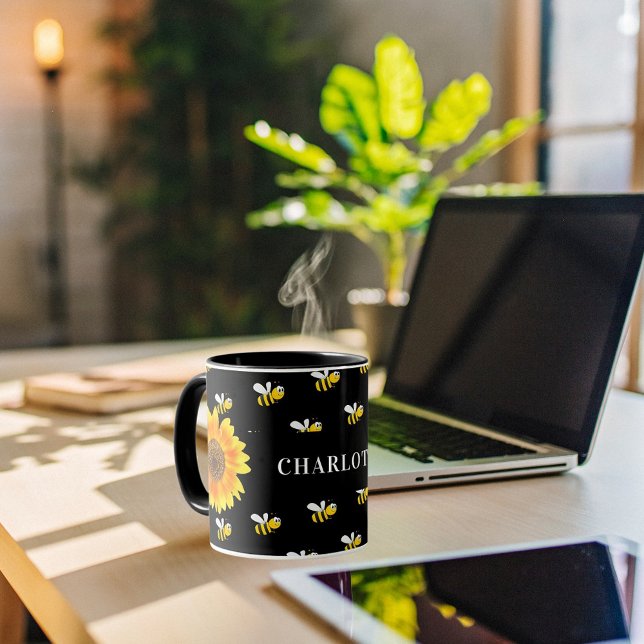 Black bumble bees yellow sunflowers name mug (Creator Uploaded)