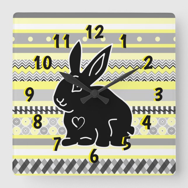 Black Bunny Silhouette on Yellow Grey Pattern Play Square Wall Clock (Front)