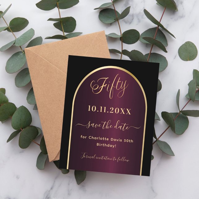 Black burgundy 50th birthday budget save the date flyer (Creator Uploaded)