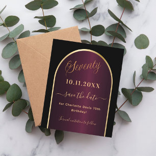 Black burgundy 70th birthday save the date card
