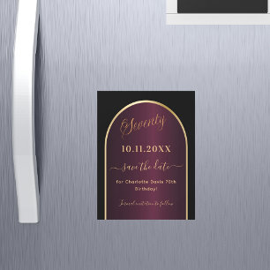 Black burgundy 70th birthday Save the Date magnet