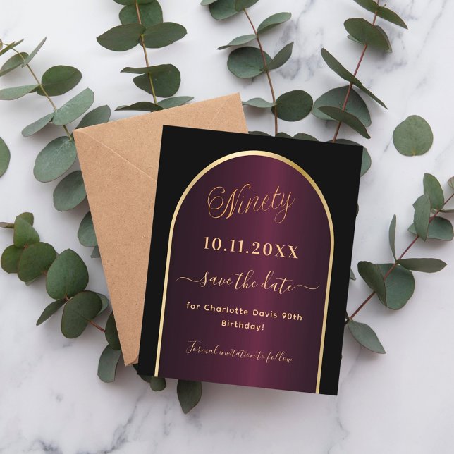 Black burgundy 90th birthday budget save the date flyer (Creator Uploaded)