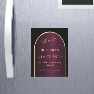 Black burgundy 90th birthday Save the Date magnet