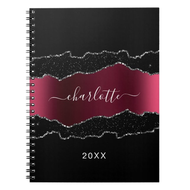 Black burgundy agate marble glitter name notebook (Front)