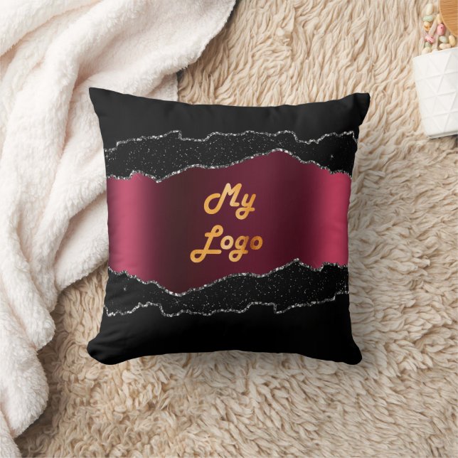 Black burgundy agate marble name business logo cushion (Blanket)
