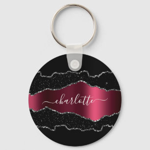 Black burgundy agate marble name script key ring